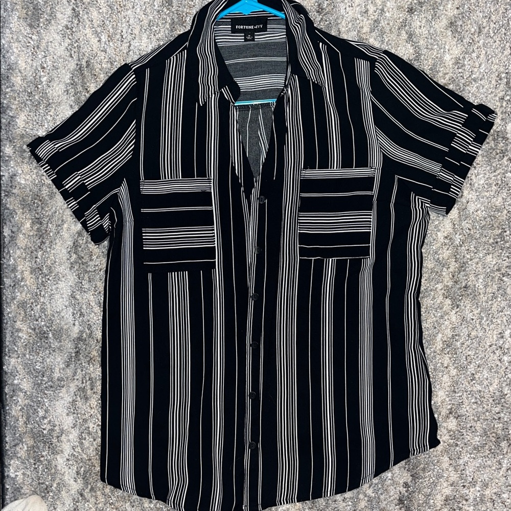 Black and White Striped Button Down Collared Shirt Women’s